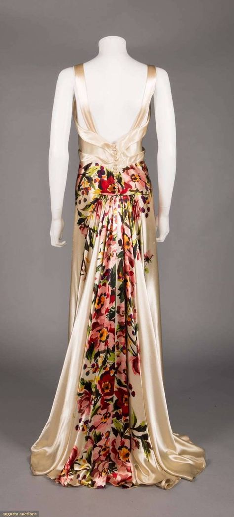 Historical Dress — PRINTED SILK CHARMEUSE EVENING GOWN, 1930s 1930s... 1920s Evening Gowns, Lady Duff Gordon, 1930 Dress, 1930s Gown, 1930's Dresses, White Evening Gowns, Charmeuse Dress, Historical Dress, Vintage Gowns