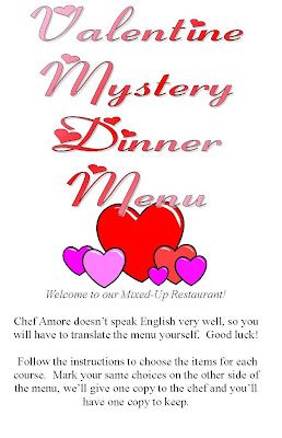 Gourmet Mom on-the-Go: Valentine Mystery Dinner Family Valentines Dinner, Family Fun Dinner, Spaghetti Night, Family Valentines, Valentines Dinner, Mystery Dinner Party, Mystery Dinner, Valentine Dinner, Valentines Day Dinner