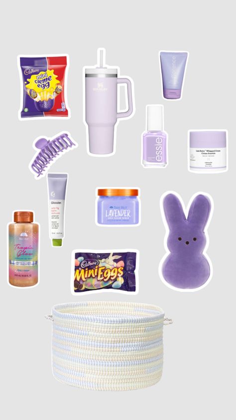 preppy purple Easter basket!🐣[he is risen] Purple Burr Basket Ideas, Periwinkle Gift Basket, Friends Easter Basket, Easter Basket For Friends, Purple Burr Basket, Preppy Easter Basket Ideas, Easter Basket Ideas For Girlfriend, Purple Gift Basket Ideas, Preppy Easter Basket