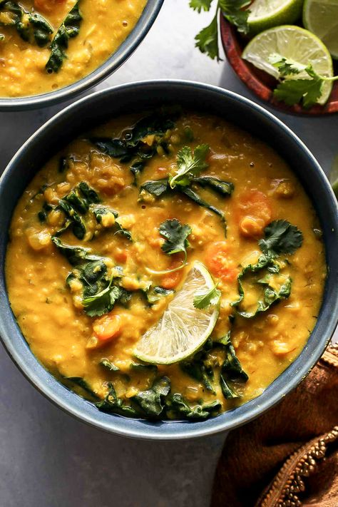 Slow Cooker Golden Lentil Soup (Vegan) - Dishing Out Health Golden Lentil, Dishing Out Health, Vegan Slow Cooker, Vegan Lentil Soup, Healthy Weeknight Meals, Soup Vegan, Healthy Weeknight Dinners, Health Recipes, Vegan Soup