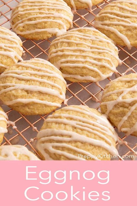 If you love eggnog these Eggnog Cookies are sure to be your new favorite holiday treat! Melt in the mouth cookies packed with incredible eggnog flavor, cinnamon and topped with a holiday spiced glaze. They're so delicious they're sure to make an appearance every Christmas! Eggnog Spritz Cookies Recipes, Eggnog Cookies Recipe, Eggnog Recipes Baking, Egg Nog Cookies Recipe, Italian Love Cake, How To Make Eggnog, Spritz Cookie Recipe, Cookie Glaze, Eggnog Cookies