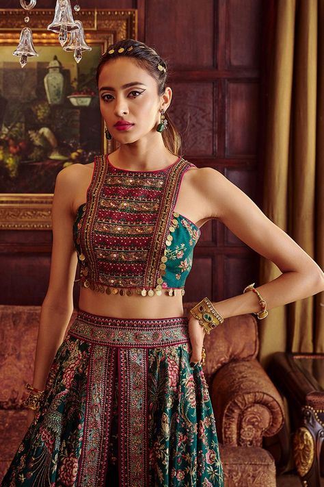 Shop Kalista Green Viscose Silk Scarlett Printed Overlay Lehenga Palazzo Set Online at Aza Fashions Palazzo Lehenga, Lehenga And Blouse, Navratri Dress, Indian Dresses Traditional, Palazzo Set, Unique Blouse Designs, Ghagra Choli, Stylish Blouse Design, Unique Blouse