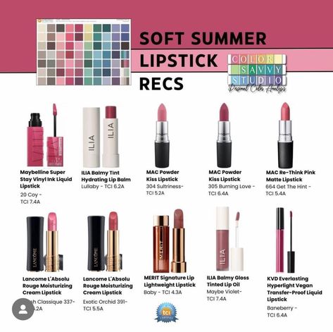 Lipsticks For Soft Summer, Soft Summer Lipstick Palette, Soft Summer Makeup Lipsticks, Shaded Soft Summer Color Palette, True Summer Makeup Products, True Summer Lipstick Colors, Summer Palette Makeup, Muted Summer Makeup, Cool Summer Lipstick Colors