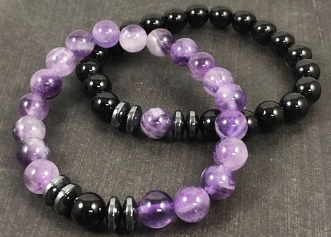 Purple Crystal Bracelet For Gift, Adjustable Purple Bracelets With Black Beads, Black And Purple Beaded Bracelets, Handmade Purple Crystal Bracelet, Handmade Amethyst Crystal Bracelet In Purple, Matching Things, Buddhism Wallpaper, Om Bracelet, Couples Bracelets