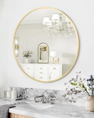 MirrorStart.com - Reflect Your Style Luxurious Gold Finish: Constructed from high-quality aluminum alloy, this circle mirror boasts a sophisticated gold finish. Seamless welding technology ensures smooth edges, preventing dust accumulation. Large Circle Mirror, Gold Circle Mirror, Mirror For Entryway, Round Bathroom Mirror, Mirror For Wall, Large Round Mirror, Round Bathroom, Wall Vanity, Circle Mirror