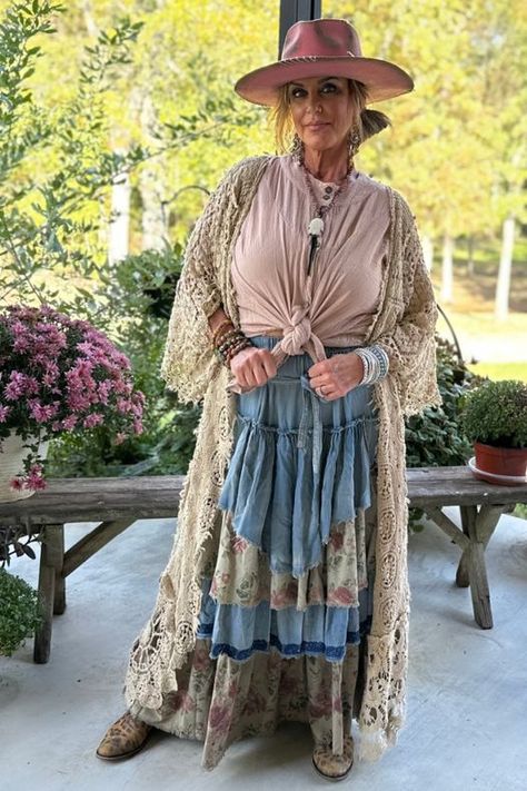 Keep Me True Skirt Waist 30" stretches to 46" Length 39" Boho Skirts Long Bohemian, Boho Clothes For Older Women, Boho Fashion Over 50, Gypsycore Fashion, Repurposed Clothing Diy, Granny Chic Fashion, Denim Upcycle, Bohemian Ideas, Altered Clothes