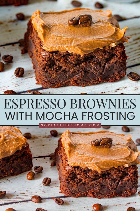 Homemade Fudgy Espresso Brownies with Mocha Frosting Brownies With Coffee Frosting, Expresso Brownie Recipes, Espresso Brownies Recipe, Mocha Frosting Recipe, Espresso Powder Brownies, Frosting For Brownies, Mocha Brownies With Coffee Frosting, Brownie Flavors, Brown Butter Espresso Brownies