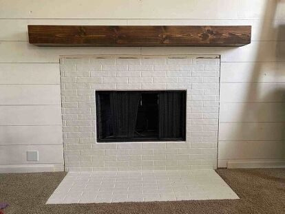 Fake Brick Wall, White Brick Tiles, Diy Fireplace Mantel, Fireplace Redo, Diy Fireplace Makeover, Fake Fireplace, Brick Fireplace Makeover, Wood Fireplace Mantel, Shiplap Fireplace