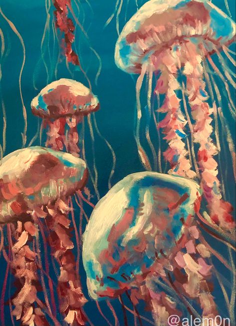 @alem0n i did it hehe Moon Jellyfish Painting, Blue And Purple Drawings, Ocean Underwater Painting, Under Ocean Painting, Jellyfish Oil Painting, Oil Pastel Jellyfish, Ocean Art Aesthetic, Painting Inspiration Aesthetic, Aesthetic Art Pictures