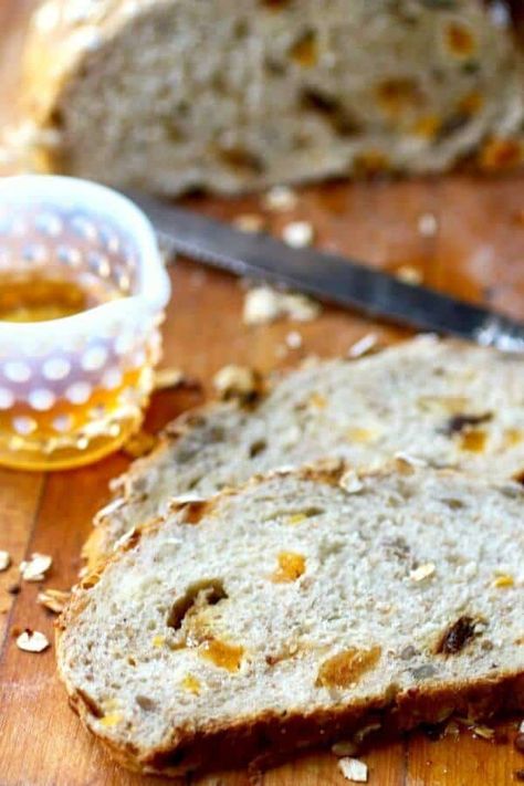 Harvest bread recipe is packed with flavor - it's so addictive! Dried fruit, sunflower seeds, and whole grains! From RestlessChipotle.com Muesli Bread, Harvest Bread, Restless Chipotle, Holiday Baking Recipes, Raisin Bread, Rustic Bread, Vital Wheat Gluten, Healthy Bread, Cinnamon Raisin