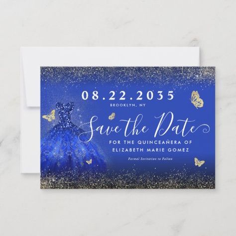 $2.66 | Modern Royal Blue Gold Glitter Gown Quinceanera - save the date announcement, quinceanera quinceanera, royal blue navy blue, classic gold glitter sparkle, miss xv quince mexican spanish, glam cute stylish butterfly, princess dress gown, sweet 15 15th birthday invitation, elegant girly feminine chic, watercolor Quinceanera Save The Date, Princess Gown Dress, Sparkle Butterfly, Glitter Gown, Dress Glitter, Royal Blue And Gold, Princess Gown, 60th Birthday Party, Quinceanera Invitations