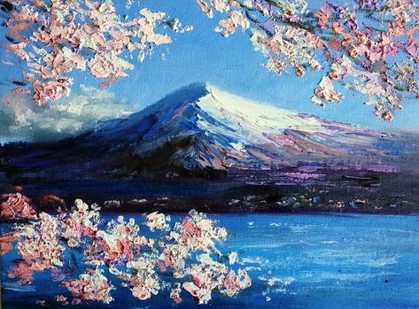 Japan Oil Painting, Fiji Mountain, April Calligraphy, Sakura Painting, Impressionistic Landscape, Autumn Mountains, Painting On Canvas For Beginners, Canvas Painting Ideas For Beginners, Flower Painting On Canvas