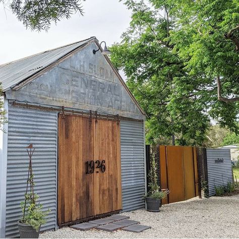 Corrugated Metal Shed Doors, Commercial Shed Design, Galvanized Metal Siding, Old Shed Makeover, Rustic Garage Ideas, Small Warehouse Design, Old Barn Restoration, Rustic Shed, Shed Makeover