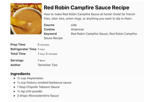 Red Robin Recipes, Red Robin Campfire Sauce, Campfire Sauce, Lunch Stuff, Sauce Ideas, Hand Food, Sauces Recipes, Blackstone Recipes, Homemade Honey Mustard