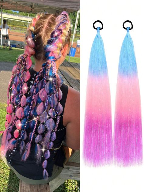 2pcs/Pack 24inch Kids Ponytail Extension With Hair Tie, Blue Pink Purple Ponytail Extension, Crazy Hair Day, Colored Hair Extensions For Kids, Festival Hair, Rave Hair, Ombre Ponytail Blue Ombre    High Temperature Fiber  Ponytail   Wigs & Accs, size features are:Bust: ,Length: ,Sleeve Length: Rave Hair, Colored Hair Extensions, Ponytail Wig, Rave Fashion, Ponytail Extension, Crazy Hair Days, Festival Hair, Crazy Hair, Ombre Hair