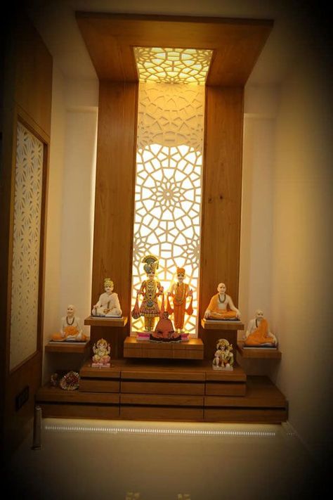 Pooja Room With Window Behind, Puja Room With Window, Pooja Room Window Design, South Indian Pooja Room Design, Jain Pooja Room Designs, Dev Ghar Design, Luxury Pooja Room Design, Puja Room Design Indian Modern, Over Tv Wall Decor