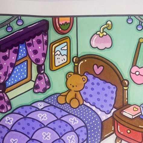 Cassy on Instagram: "Cute cozy bedroom 💕 coloring page from “Little Corner” by @cocowyocoloring and colored with alcohol based markers from @ohuhuart 

#cocowyocoloringbook #coloringbookforadults #hobby #coloringtherapy #adhdtherapy #anxietyrelief #adultcoloringbooks" Cozy Spaces Colouring Book, Cozy Corner Coloring Page, Little Corner Coloring Pages, Little Corner Coloring Book Colored, Little Corner Coloring Book, Cute Cozy Bedroom, Alcohol Based Markers, Bobbie Goods, Books Ideas