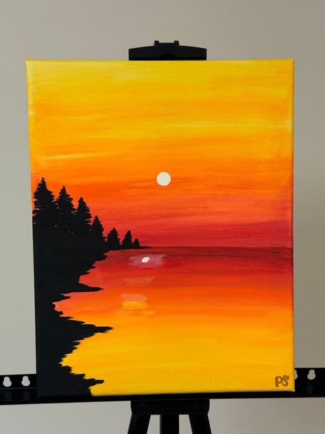 Sunset Painting - Etsy UK Easy Things To Paint Acrylics, Sunset Painting With Trees, Painting On Canvas Sunset, Easy Images To Paint, Realistic Paintings Ideas, Sun Moon Canvas Painting, Fall Paintings Landscape, Light Sunset Painting, Paintings Ideas Sunset