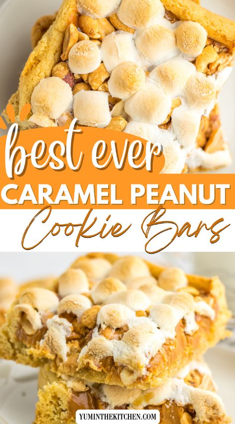 Try this 5 Ingredient Peanut Cookie Bar recipe for a sweet, salty, and easy dessert that everyone will love. Featuring cookie dough, caramel, and salted peanuts, these bars are family-friendly, bake up quickly, and are perfect for any occasion. This simple recipe will be your go-to treat! One of our favorite easy dessert recipes. Peanut Cookie, Caramel Cookie Bars, Peanut Bars, Peanut Caramel, Caramel Cookies Bars, Easy Bar Recipes, Delicious Holiday Desserts, Kid Friendly Dessert, Salted Peanuts