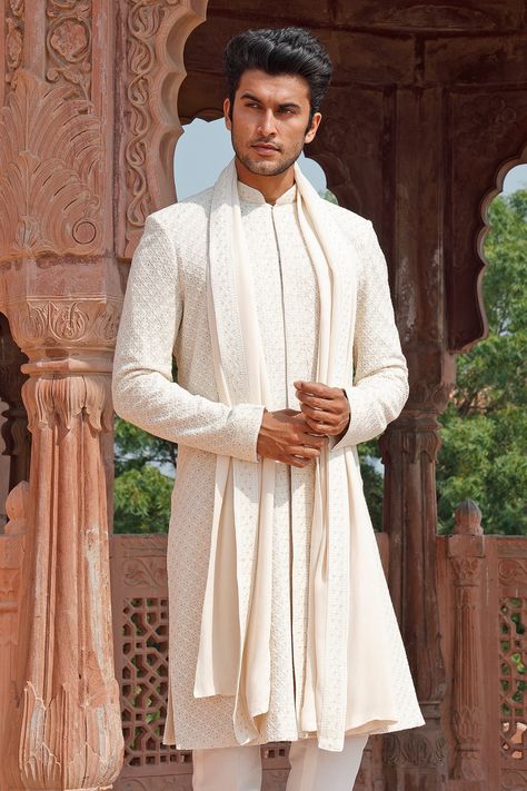 Buy Embroidered Sherwani Set by Vanshik at Aza Fashions White Kurta Men, Sherwani For Men Wedding, Wedding Kurta For Men, Embroidered Sherwani, Wedding Outfits For Groom, Indian Groom Wear, Sherwani For Men, Kurta Men, Wedding Sherwani