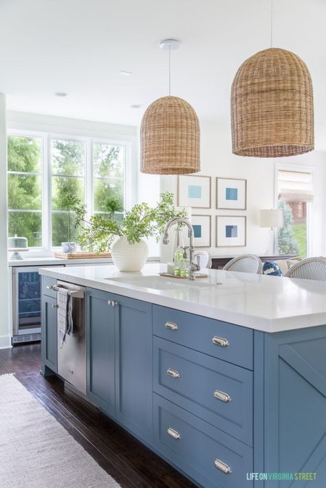 Blue Kitchen Island Chairs, Nortical Decor, Wicker Lights, Spindle Chairs, Blue Kitchen Island, Pillows White, Blue Gray Paint Colors, Gray Paint Colors, Coastal Kitchen Design