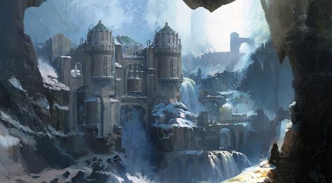 Snowy Mountain, Fantasy City, Fantasy Castle, Fantasy Setting, Fantasy Places, Futuristic Art, Fantasy Art Landscapes, Fantasy Aesthetic, High Fantasy