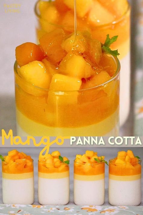 mango panna cotta in 4 glasses, and drizzling honey on top of it Peach Panna Cotta Recipe, Mango Panacota Recipe, Mango Panacotta Recipe Easy, Mango Panacotta, Mango Panna Cotta Recipe, Mango Mouse, Mango Topping, Cocktail Buffet, Mango Panna Cotta