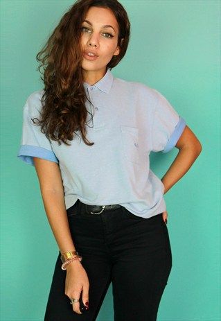 Light+Blue+Short+Sleeved+Boyfriend+Style+Polo+Shirt Style Polo Shirt, Light Blue Shorts, T Shirts Women, Boyfriend Style, Women T Shirts, Outfit Inspirations, Ruffle Blouse, Polo Shirt, Womens Shirts