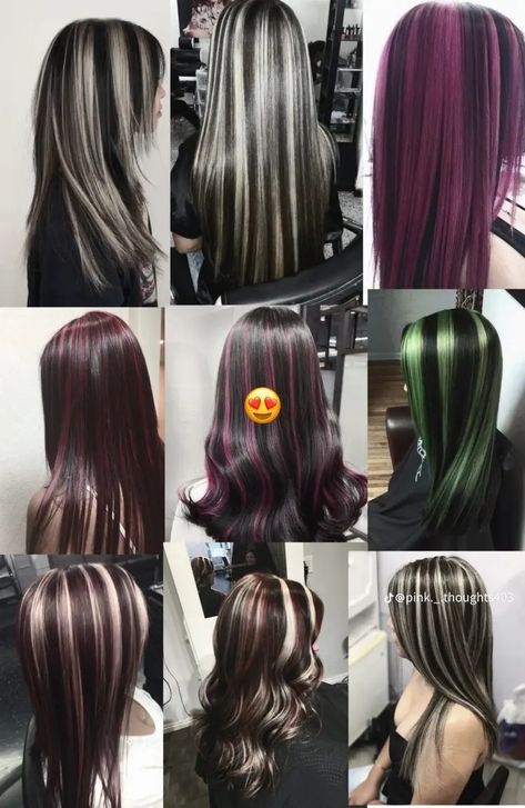 Y2k Hairstyles Color, Hair Color Ideas For Dark Hair With Highlights, Chunky Hair Dye, Tri Color Hair Highlights, Colored Highlights Brown Hair, Bright Color Highlights In Brown Hair, Y2k Hair Highlights, Types Of Hair Dye Style, Purple Skunk Hair