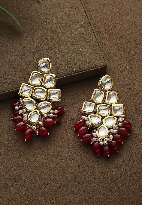 Alloy Based Earrings in Red and Off White This Pair is Adorned with Kundan and Beads Its Approximate Length is 0.5 inch Red Earrings Indian, Red Kundan Jewellery, Kundan Earrings Jhumkas, Long Chain Earrings Gold, Kundan Jhumka Earrings, Diy Earrings Materials, Festival Jewellery, Flower Jewelry Designs, Earrings Kundan