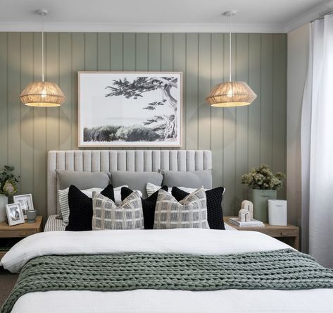 #masterbedroom #bedroomdecor #interiordesign #homedecor #bedroomideas #bedroominspiration #interiordecor #homeimprovement #designideas Beach House Wall Panelling, Sage Green Vj Panelling Bedroom, Green Vj Panelling Bedroom, Vj Panelling Bedroom, Accent Wall Bedroom Ideas, Look Cinema, Vj Panelling, High Ceiling Bedroom, Bedroom Feature Wall