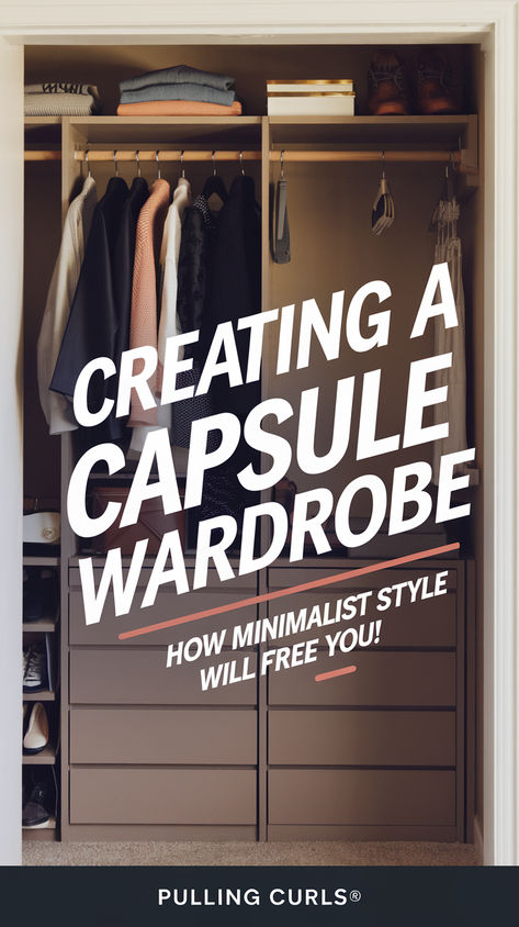 A pinterest pin with a view into a closet with a muted navy & taupe wardrobe. The closet has hanging clothes, a few pairs of shoes, and a few accessories. The background is a beige wall. There is a text overlay that says "Creating a CAPSULE wardrobe" with the subtitle "how minimalist style will free you!". The text is written in bold, creative lettering. The site name is Pulling Curls®. How To Pare Down Your Wardrobe, Building Capsule Wardrobe, How To Create A Capsule Wardrobe, Minimal Wardrobe Design, Aesthetic Capsule Wardrobe, Simplify Wardrobe, Preppy Style Outfits, Building A Capsule Wardrobe, Minimal Closet