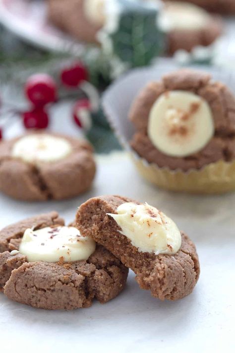 Keto Gingerbread Thumbprint Cookie Recipe Gingerbread Thumbprint Cookies, Thumbprint Cookie Recipe, Keto Gingerbread, Sugar Free White Chocolate, Thumbprint Cookie, Chocolate Thumbprint Cookies, Low Carb Christmas, Gluten Free Christmas Cookies, Keto Christmas Cookies