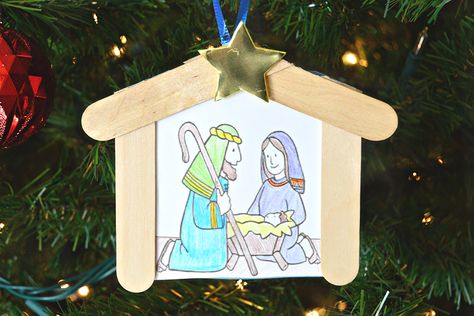 A simple and sweet ornament idea that kids can make. All you need is a few popsicle sticks, colors, glue, and a printable to make this Nativity ornament. Nativity Crafts For Kids, Christmas Sunday School, Jesus Crafts, Diy Nativity, Kids Christmas Ornaments, Church Crafts, Nativity Ornaments, Nativity Crafts, Preschool Christmas