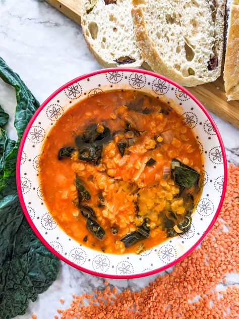 Red Lentils and Kale Soup Lentils And Kale, Mediterranean Soup Recipes, Kale Soup Vegan, Lentil Kale Soup, Healthy Comfort Food Recipes, Mediterranean Soup, Soup Healthy, Hearty Comfort Food, Red Lentils