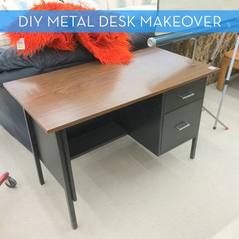 Old Metal Desk Makeover, Metal Desk Makeover Diy, Painted Metal Desks, Metal Desk Makeover, Refinished Desk, Metal Office Desk, Refurbished Desk, Desk Makeover Diy, Desk Redo