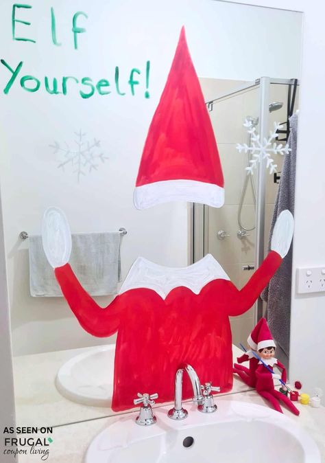 Transform your mirror with The Elf on the Shelf! Your elf paints an elf hat and body on the mirror, allowing your child to "Elf Yourself" in this festive holiday scene. New Ideas for The Elf on the Shelf and free Christmas printbles. Elf On The Shelf Costume, Elf On The Shelf Funny, Printable Elf On The Shelf, Elf Printables, Funny Elf On The Shelf, Elf Yourself, Mirror Paint, Elf On Shelf Ideas, Elf Activities