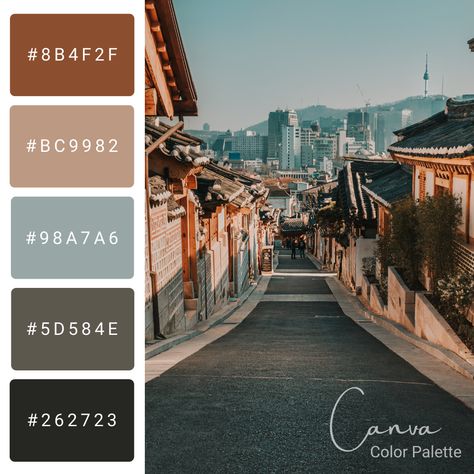 Beautiful view from one of the streets in Seoul city, South Korea Canva color palete inspiration. Beautiful Color Palette Inspiration. Follow to get more inspiration. Korea Color Palette, Canva Color Palette, Seoul Street, Seoul City, Color Palette Inspiration, City And Colour, Palette Inspiration, Urban Architecture, Beautiful View