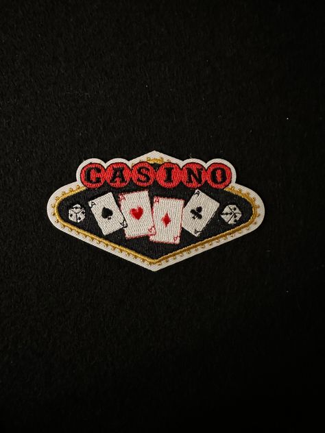 "Embroidered \"Casino\" sign with all aces! 3 inches wide, 1 5/8 inches high. Iron on instructions included. If you need more of this appliqué, please contact me for more information." Blackjack Aesthetic, Casino Graphic Design, Casino Aesthetic, Casino Sign, Casino Design, 007 Casino Royale, Abi Motto, Vegas Lights, Casino Logo