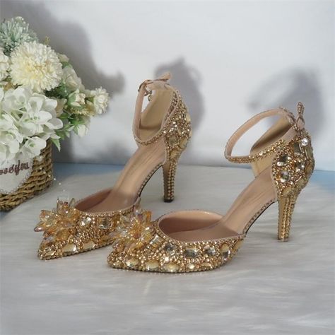 none Women Party Dress, Large Size Womens Shoes, Golden Crystal, Rhinestone High Heels, Basic Heels, Flower Shoes, Ankle Strap Shoes, Womens Wedding Shoes, Beige Shoes