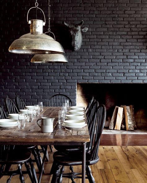 Black Wall Interior brick wall for texture Brick Wall Ideas, Black Brick Wall, Dining Room Industrial, Black Brick, Exposed Brick Walls, Dark Interiors, Painted Brick, Dining Room Inspiration, Wooden Dining Tables