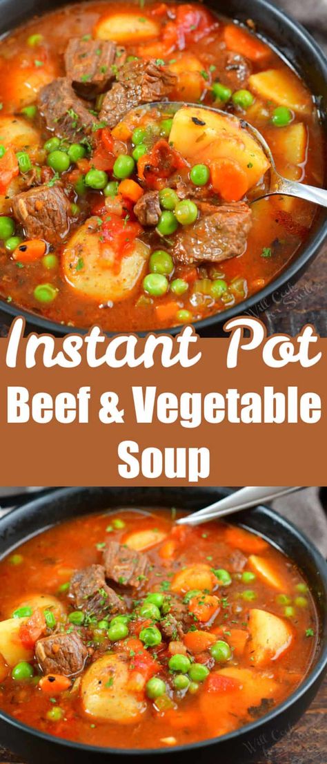 Instant Pot Vegetable Beef Soup is loaded with fork-tender beef, flavorful rich broth, and a medley of nutritious vegetables like onions, carrots, peas, and so much more. This is a comforting and hearty soup that can be made in such a short time, thanks to the Instant Pot! Vegetable Beef And Barley Soup Instant Pot, Beef Vegetable Soup Recipe Instant Pot, Beef And Vegetable Soup Instant Pot, Instant Pot Vegetable Beef Soup With Stew Meat, Ip Vegetable Beef Soup, Instapot Beef Soup, Insta Pot Vegetable Beef Soup Recipes, Instant Pot Vegetable Soup With Beef, Vegetable Soup In Instant Pot