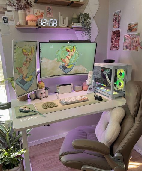 Cute And Aesthetic, Setup Gaming, Makeover Ideas, Gaming Setup, Gaming Chair, Gaming, Computer, Desk, Bedroom