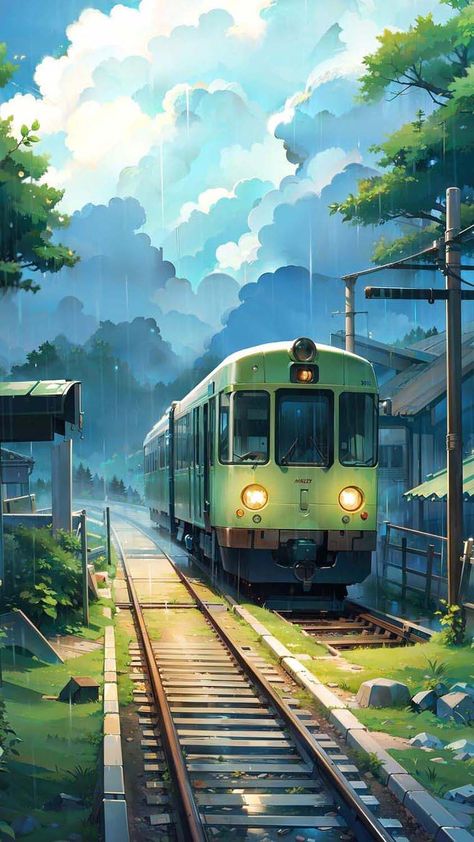 The Train IPhone Wallpaper HD - IPhone Wallpapers : iPhone Wallpapers Train Wallpaper, Rainy Sky, Studio Ghibli Background, 4 Wallpaper, Ghibli Art, Environmental Art, A Train, Scenery Wallpaper, Fantasy Landscape