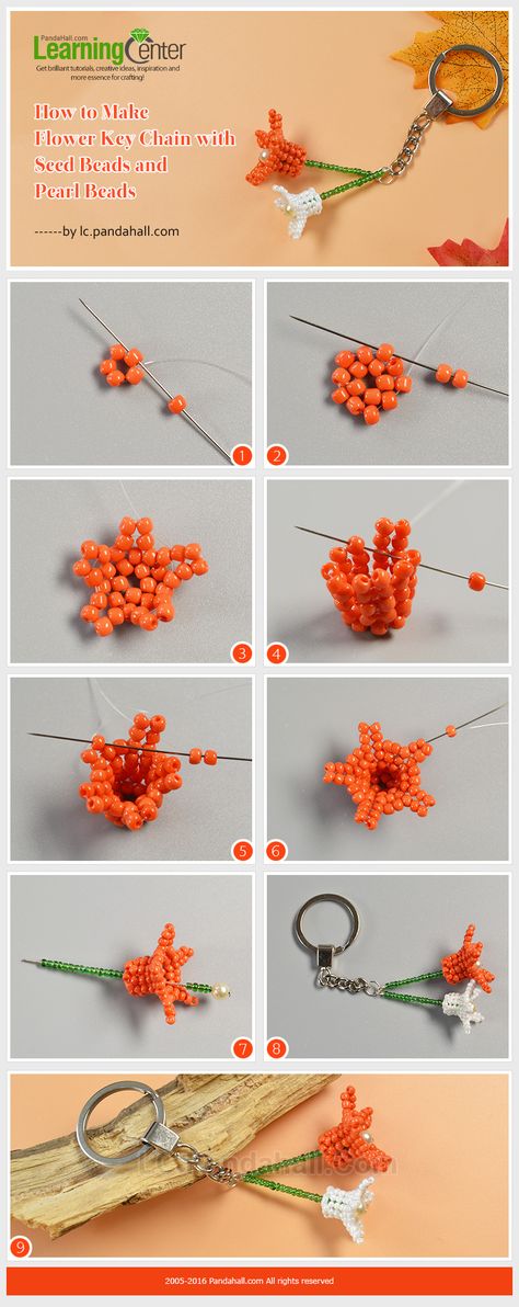 Tutorial on How to Make Flower Key Chain with Seed Beads and Pearl Beads from LC.Pandahall.com Seed Bead Tutorials, Seed Bead Bracelet Patterns, Beaded Flowers Patterns, Seed Bead Flowers, Beadwork Tutorial, Pattern Maker, Motifs Perler, Loom Pattern, Bead Weaving Patterns