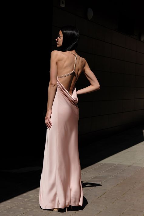 Silk satin  backless dress powder. Maxi halter cocktail dress. Long elopement dress. Graduation dress. The Selection Dresses, Wedding Guests Dress, Satin Backless Dress, Selection Dresses, Cocktail Dress Long, Dress For Graduation, Second Wedding Dress, Second Wedding Dresses, Rhinestone Embroidery