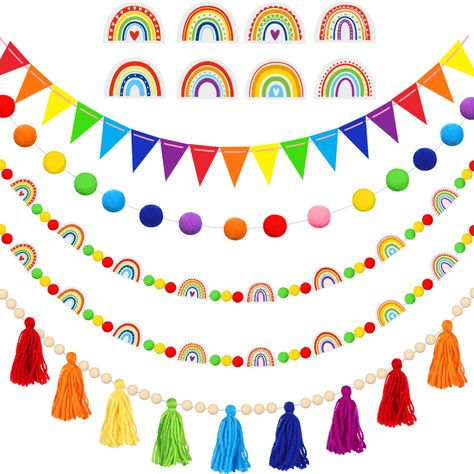 PRICES MAY VARY. Christmas Rainbow Garland Set: you will receive 5 pieces of garland decor in total, including 1 piece of tassel garland with wood beads, 1 piece of colorful felt pennant banner, 1 piece of color pom pom garland, and 2 pieces of rainbow garland banners, sufficient quantity and rich styles, enough to meet your party decoration needs Colorful Style Decoration: our birthday garland banner set is designed in a colorful style theme, adding bright colors as a classroom or home decorati Pom Pom Garland Michaels Stores, Kids Art Garland, Rainbow Theme Decorations, Living Room Decor Classic, Pastel Garland, Rainbow Tassel Garland, Classroom Ceiling, Watercolor Classroom, Streamer Decorations