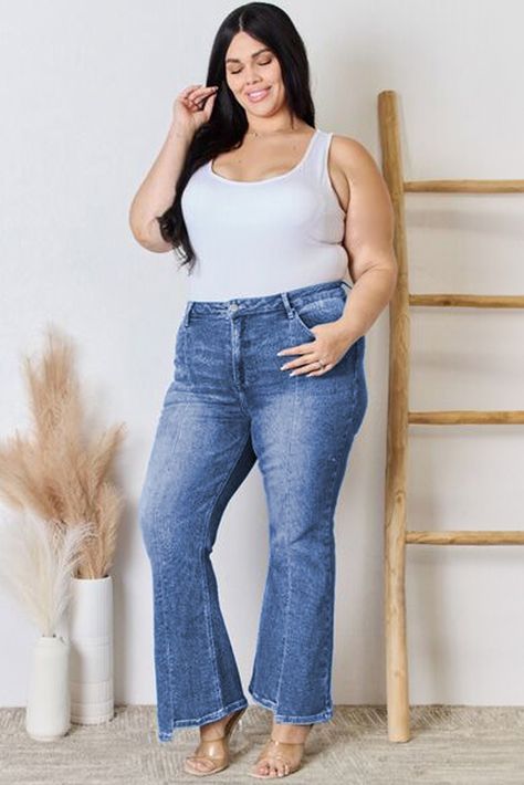 $12.8 Blue Plus Size Exposed Seam High Waist Flare Jeans Wholesale High Waist Flare Jeans, Waist Jeans, Plus Size Jeans, Bra Lingerie, Blue Hues, Casual Jeans, Jeans Dress, Playsuit Jumpsuit, Jeans Style