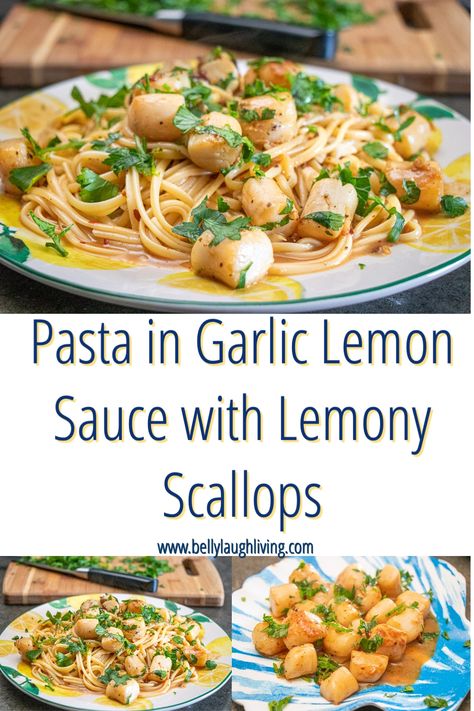 Pasta in Garlic Lemon Sauce with Lemony Scallops Sauce For Scallops, Lemon Pesto Pasta, Scallop Recipes Pasta, Lemon Basil Pasta, Lemon Pasta Recipes, Summer Pasta Dishes, Scallop Pasta, Lemon Garlic Butter Sauce, Lemon Garlic Shrimp Pasta