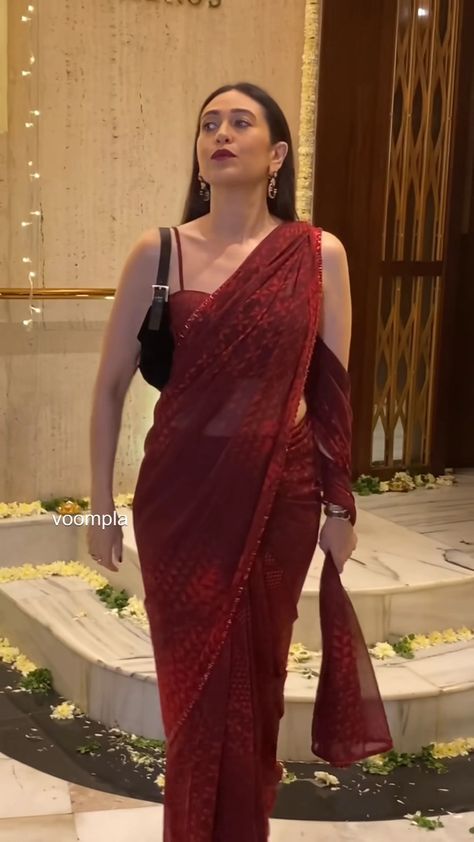 Indian Street Style Fashion, Wine Red Saree For Farewell, Classy Sarees Elegant, Red Saree Styling, Red Saree For Farewell, Maroon Saree Look, Saree Styles Modern, Silky Saree, Farewell Saree